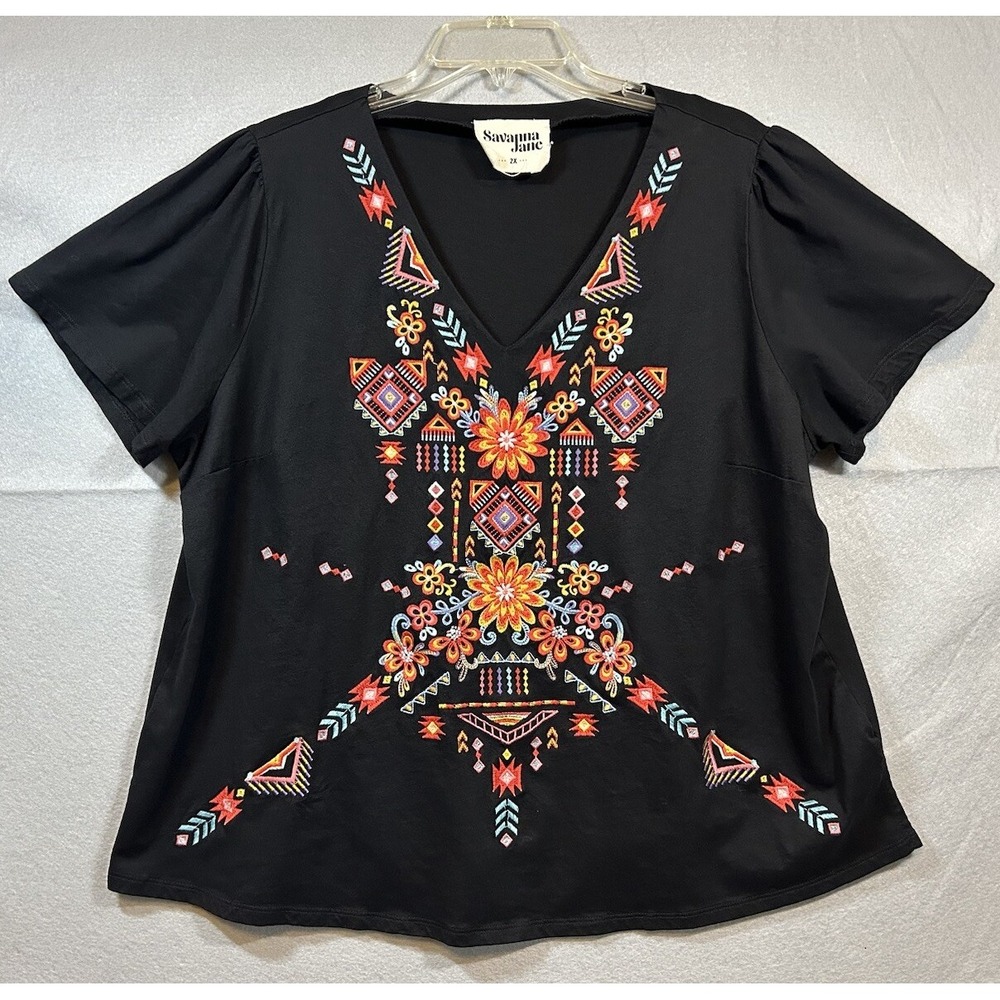 Savanna Jane Embroidered Top Sz 2XL Boho Floral Aztec V-Neck Short Sleeve Black - Picture 1 of 10